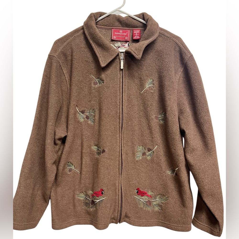 North Crest Holiday Lodge Fleece Jacket Women’s size XL cardinals and pine cones